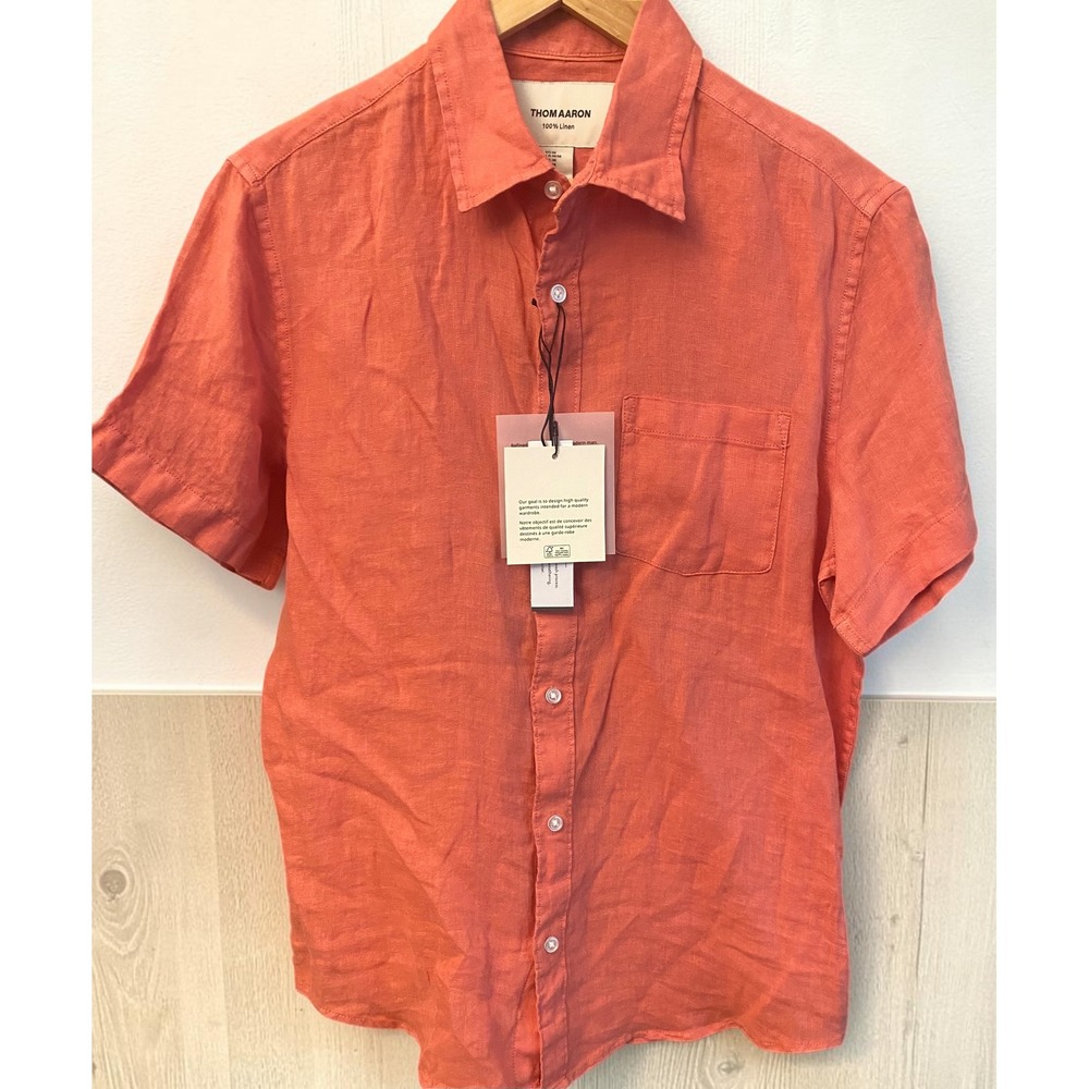 Thom Aaron Button Down 100% Linen Short Sleeve Coral Medium Men's Shirt NEW
